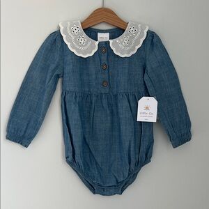 Little Co. Blue Chambray Baby Girl Romper with Eyelet Collar NWT Size 24M